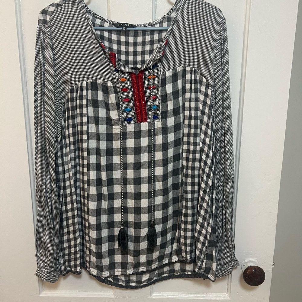 Hannah Black & White Gingham Tunic with Colorful Embroidered Placket